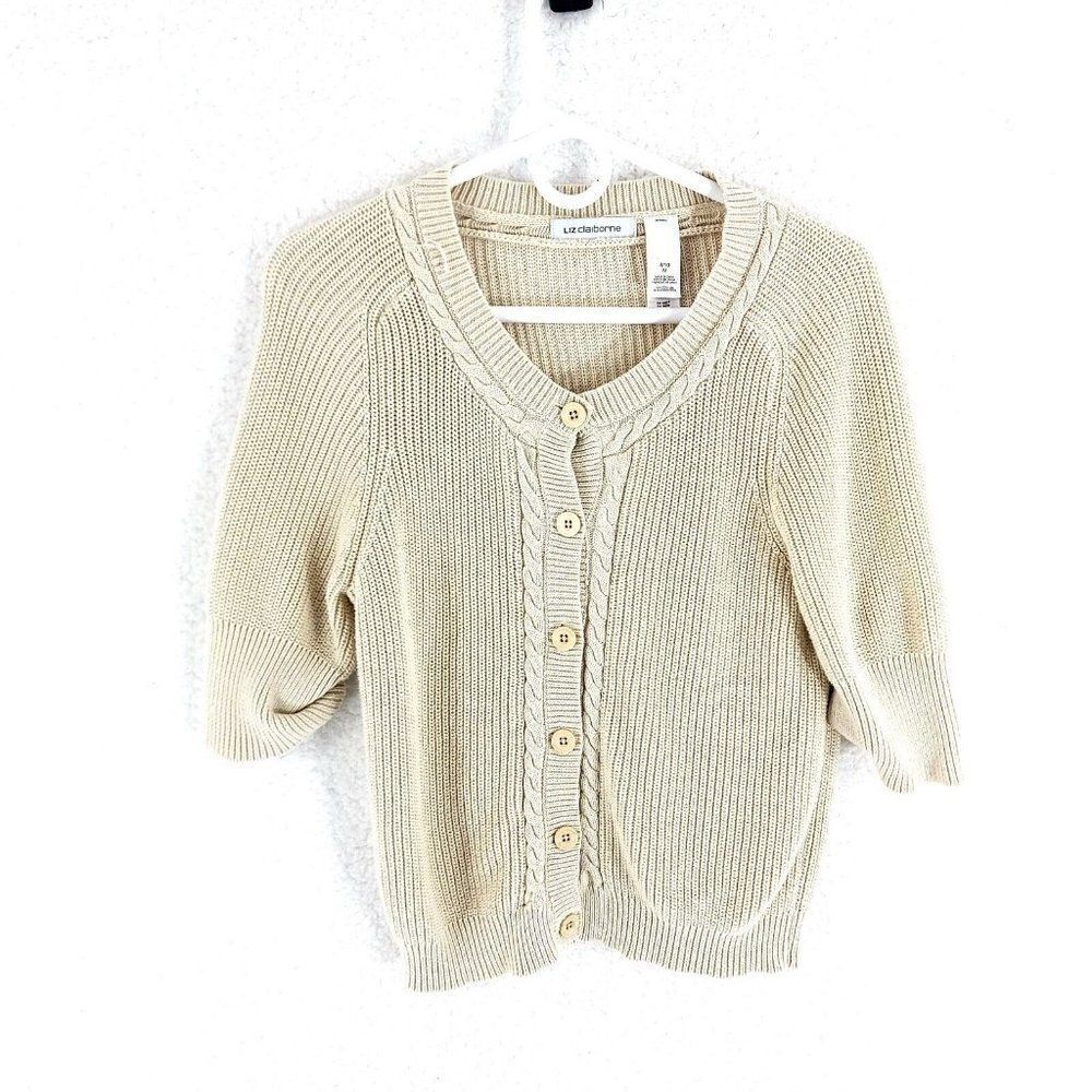 Liz Claiborne Tan Cable Knit Sweater Medium 8/10 Cotton Button Butterfly Sleeve